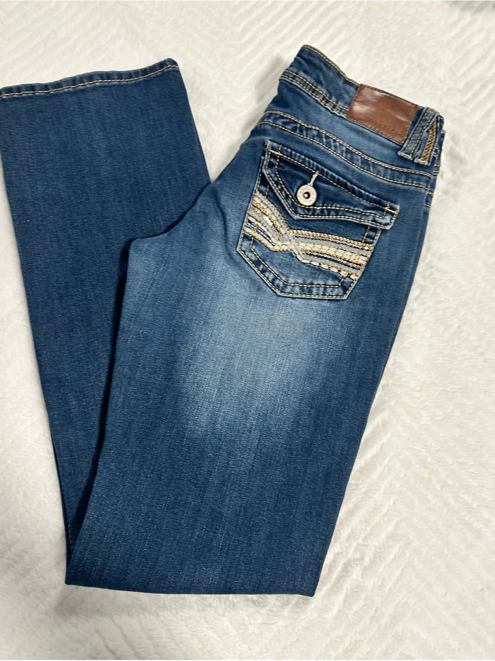 Maurices Dark Blue Boot Cut Lower Rise Stretch Jeans with Embroidered Pocket